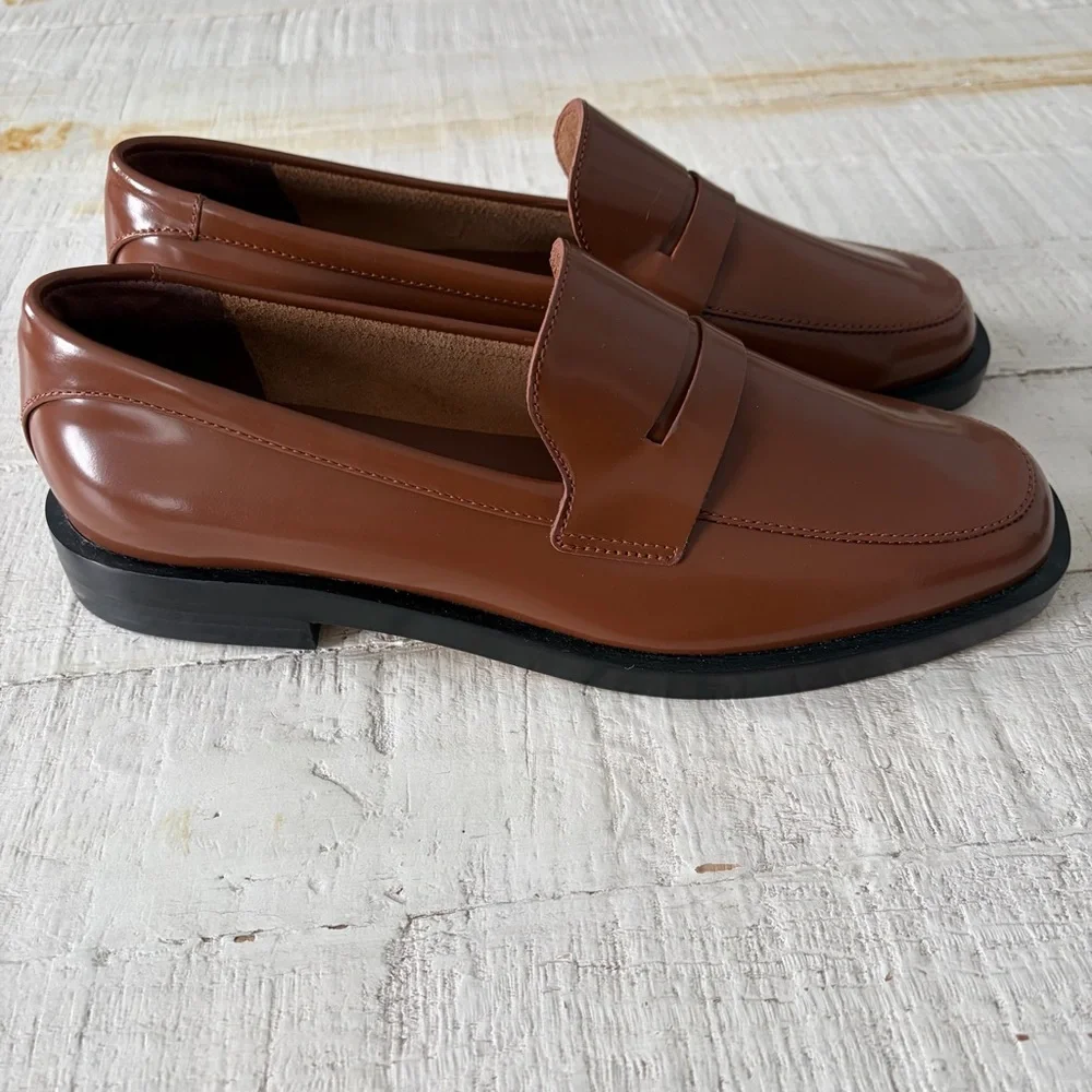 Everlane the Modern Penny Loafer NEW size 8.5 Cognac Leather Square Toe Flats - Picture 13 of 13